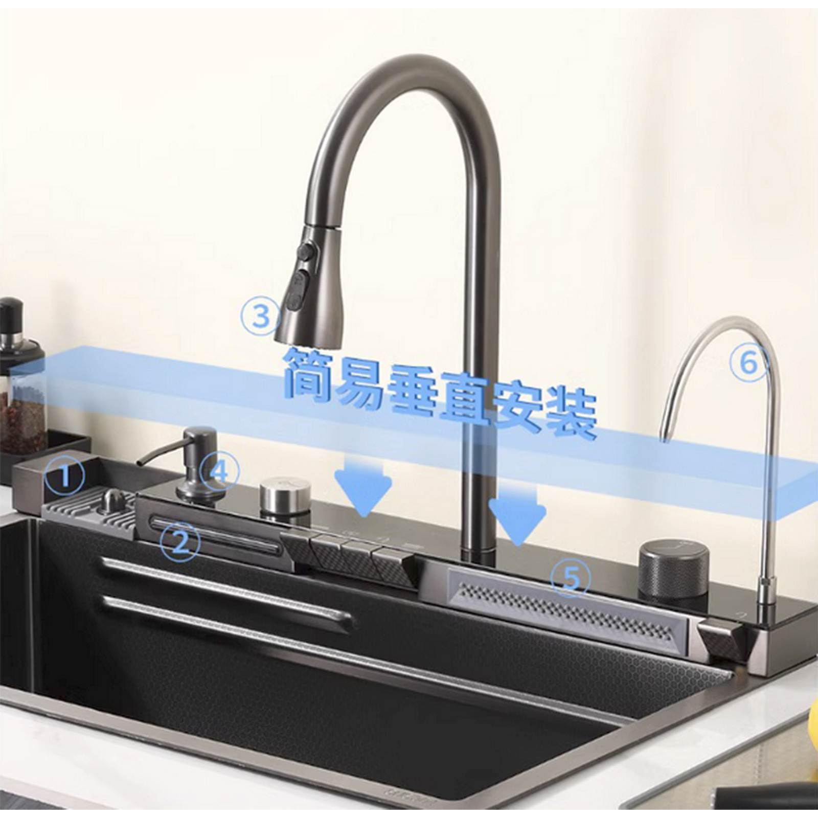 Black Sink Kitchen Sink New Stainless Steel Smart Sink Home Utility Multifunctional 3 in 1 with faucet(29.5 * 17.7in)