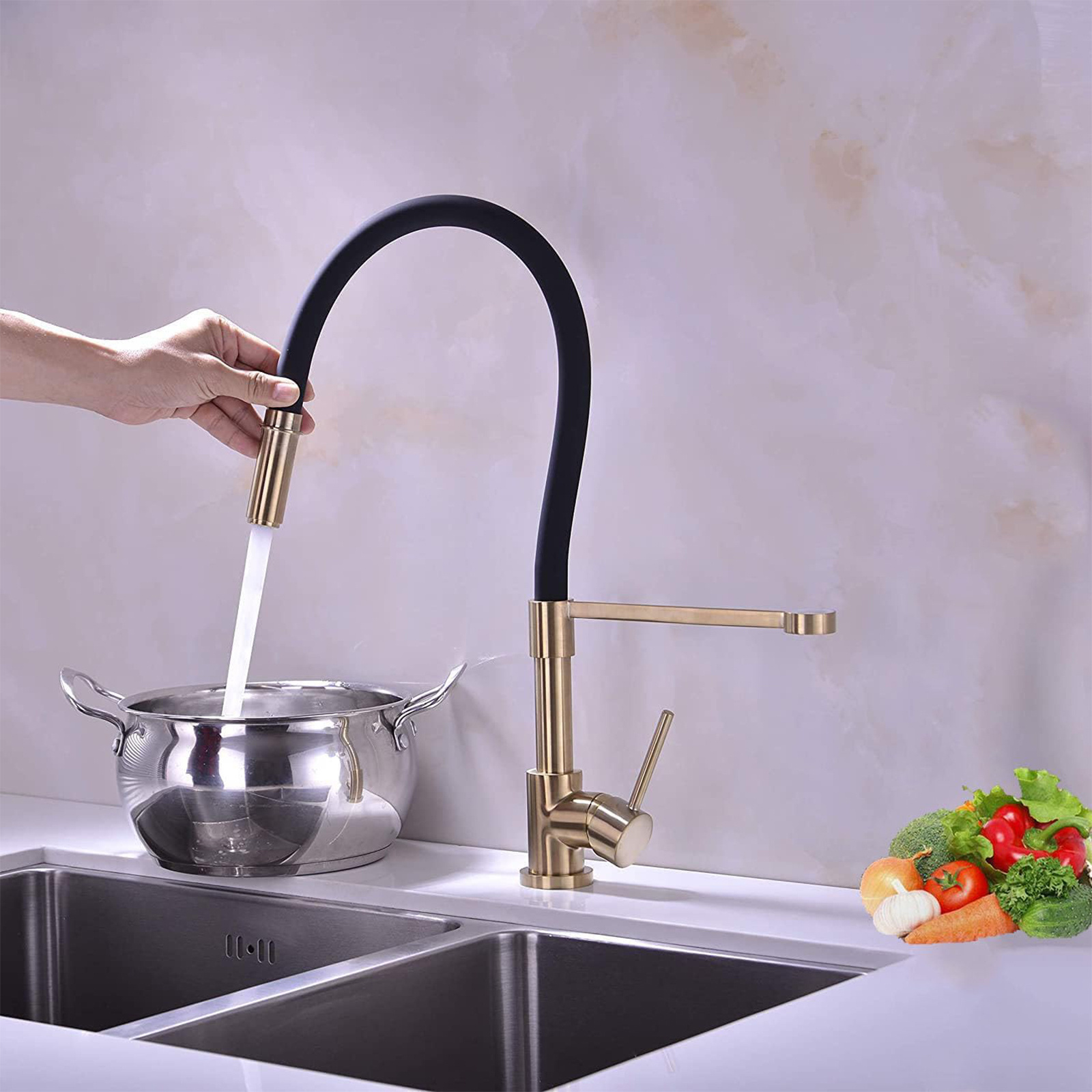 SS304 Kitchen Faucet, Kitchen Sink Faucet with Pull Down Spray, Solid Brass Kitchen Faucet Gold and Black