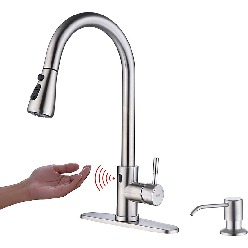 Touchless Kitchen Faucet with Pull Down Sprayer, Motion Sensor  with Soap Dispenser, Single High Arc Pull Out Faucet for Sink