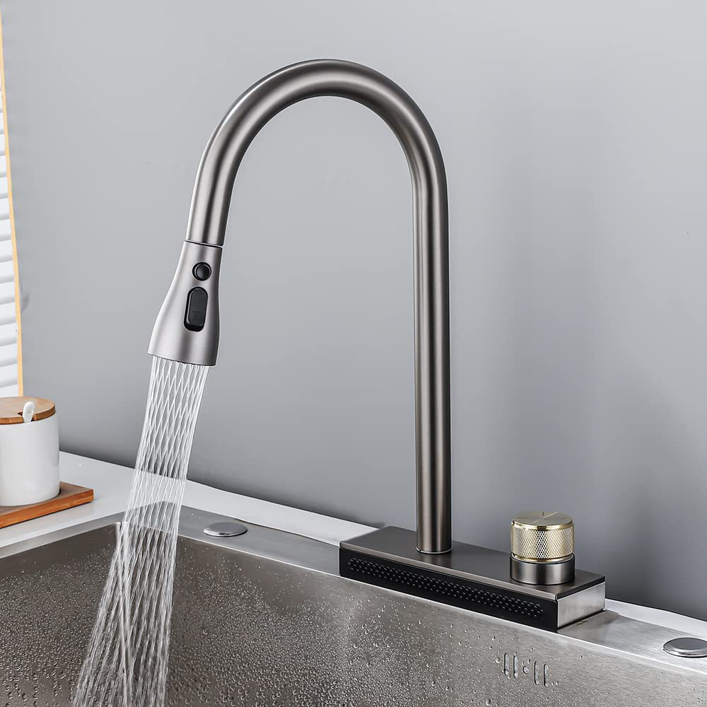 Waterfall Kitchen Faucet with Pull Down Sprayer Sink Faucets Single Handle Grey Mixer Tap