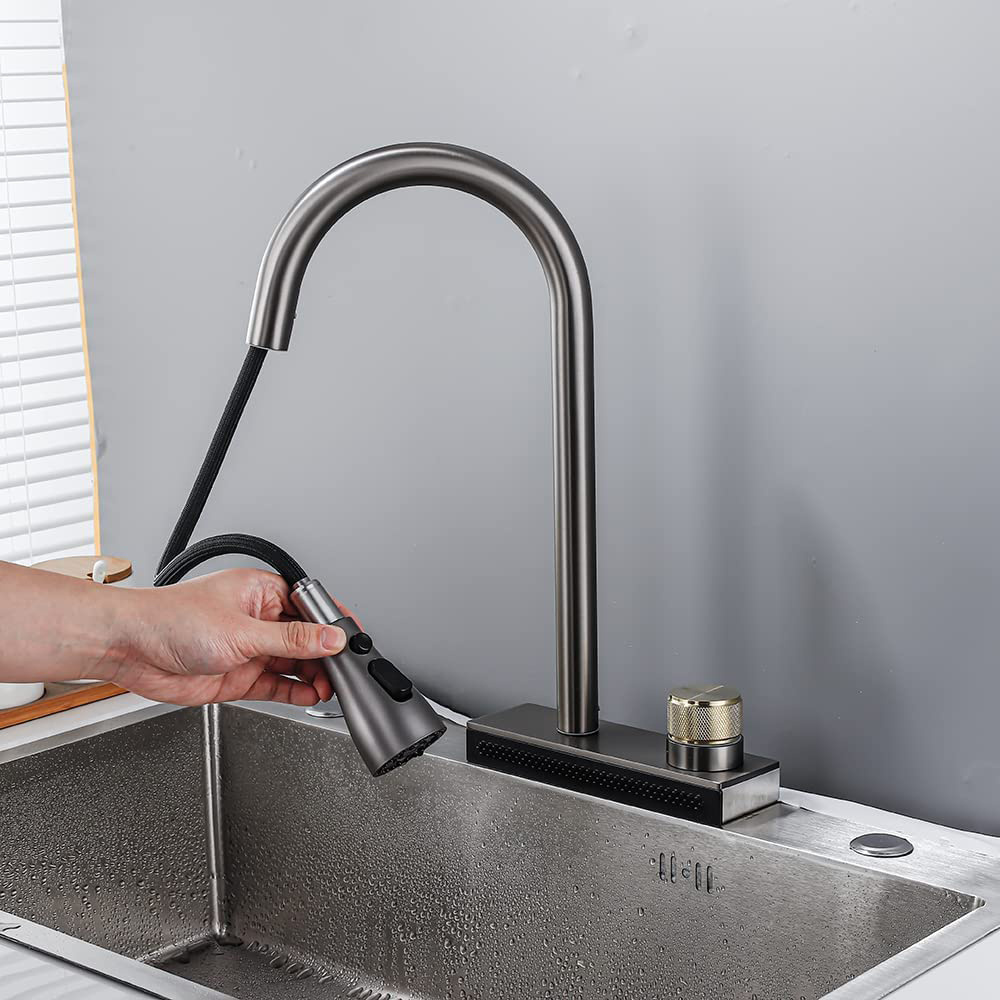 Waterfall Kitchen Faucet with Pull Down Sprayer Sink Faucets Single Handle Grey Mixer Tap