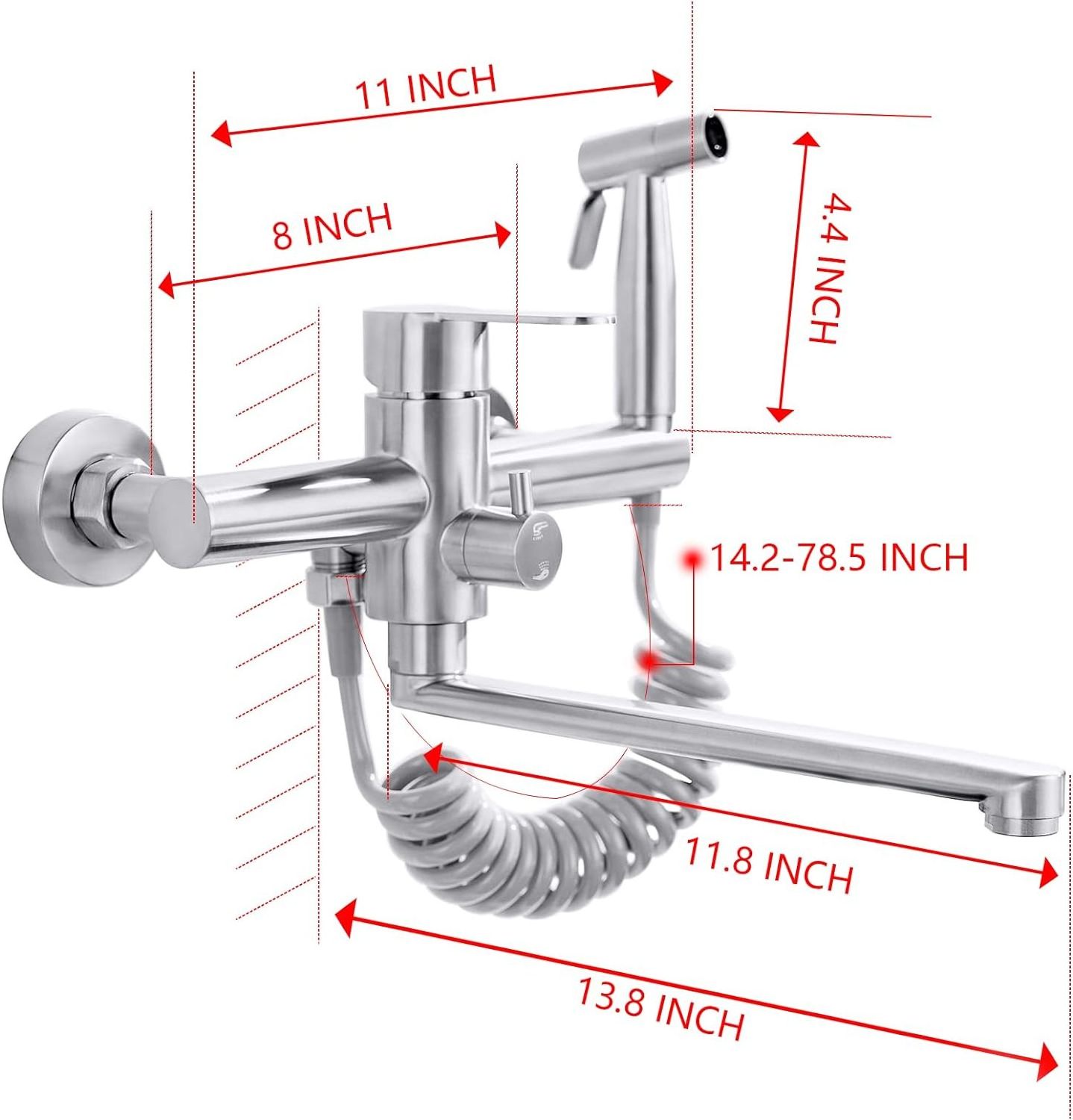 Wall Mount Kitchen Sink Faucet 13-20cm Center, Folding Commercial Faucet, Pot Filler Faucet with Side Sprayer Lead-Free