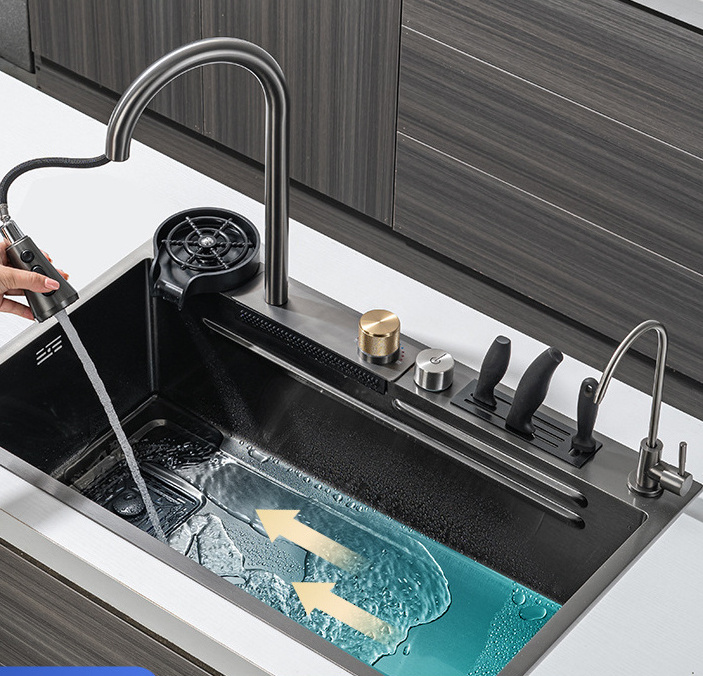 Waterfall Kitchen Sink Drop in Single Bowl Stainless Steel Bar Sink with Cup Washer Sinks Popular european kitchen basin