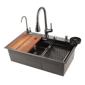 Kitchen sink set equipped with stainless steel pull-out faucet one large single sink wash basin