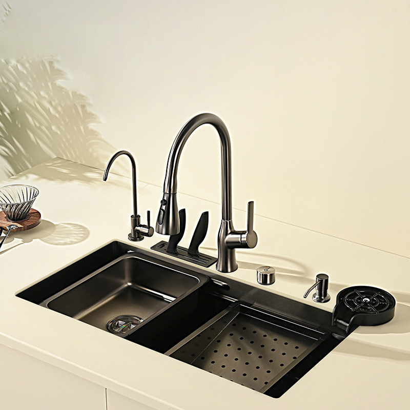 Kitchen sink set equipped with stainless steel pull-out faucet one large single sink wash basin