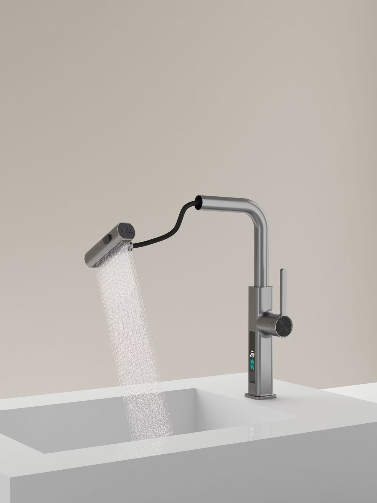 Kitchen faucet LED digital display temperature withdrawable and rotatable 3 spray options waterfall pull out sink faucet