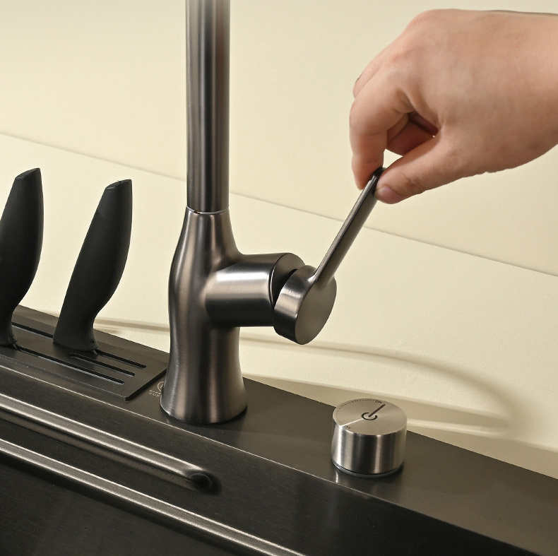 Kitchen sink set equipped with stainless steel pull-out faucet one large single sink wash basin