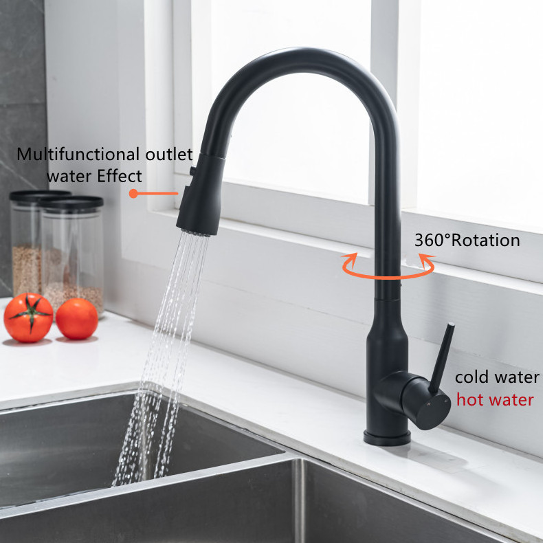 Pull down black kitchen faucet  retractable multi function stainless steel cold and hot water  black sink faucet