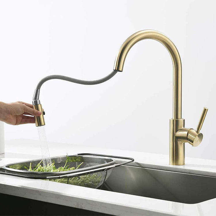 Brushed gold faucet 304 3166 Stainless Steel Sink Tap Single Hole Gooseneck Pull Down Kitchen Faucet