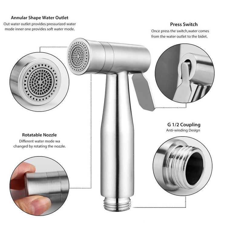 Bidet Sprayer Toilet Faucet 304 Stainless Steel Hand-Held Wall-Mounted Mixer Jet And Soft Water With Hose