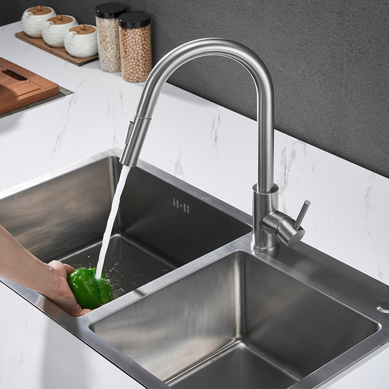 Hot and Cold Water Single Handle Pull-out Flexible Hoses Brushed Nickel Kitchen Faucet 304 Stainless Steel Modern Contemporary