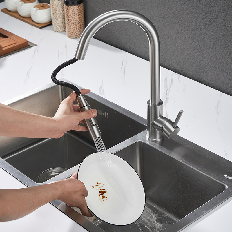 Hot and Cold Water Single Handle Pull-out Flexible Hoses Brushed Nickel Kitchen Faucet 304 Stainless Steel Modern Contemporary