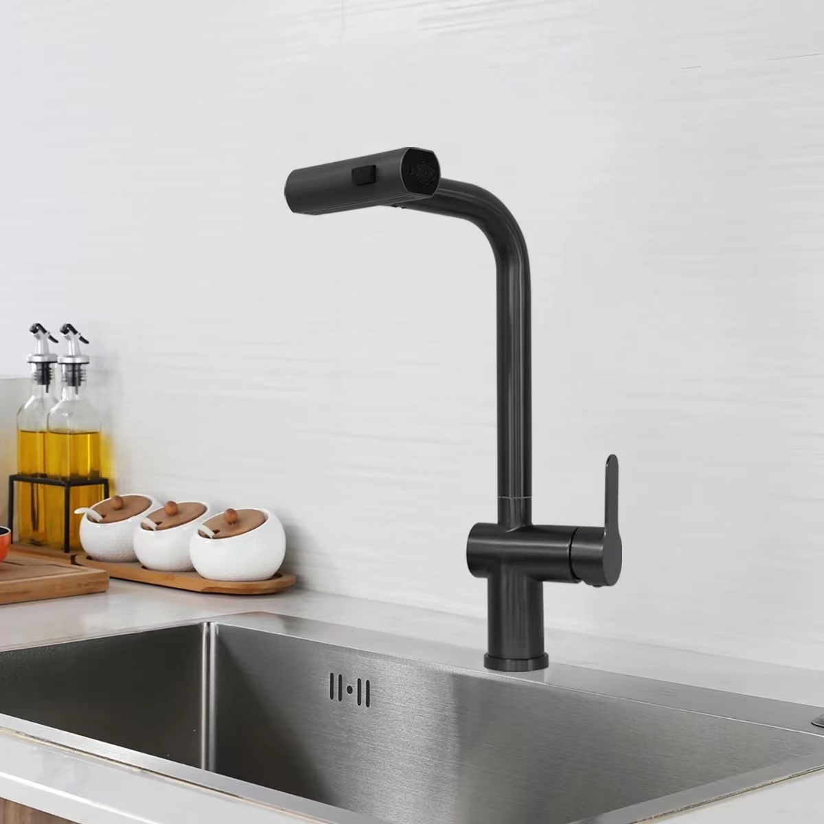 New Model SUS 304 Pull Out Waterfall Kitchen Faucets with Pull Down Sprayer Modern Contemporary Ceramic Hotel ODM & OEM Brushed