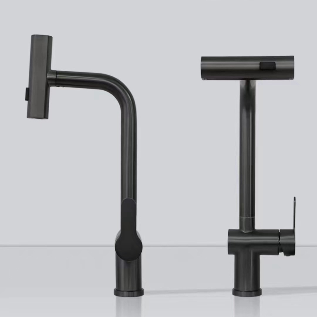 New Model SUS 304 Pull Out Waterfall Kitchen Faucets with Pull Down Sprayer Modern Contemporary Ceramic Hotel ODM & OEM Brushed