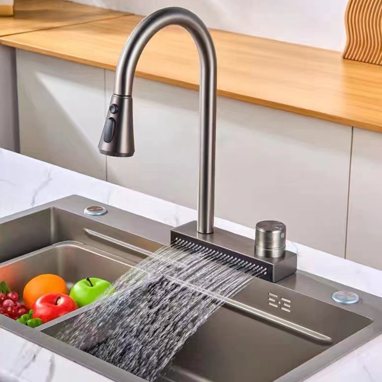 Stainless Steel Flying Rain Waterfall Water Tap Pull Out Single Handle Hot And Cold Water Kitchen Sink Faucet