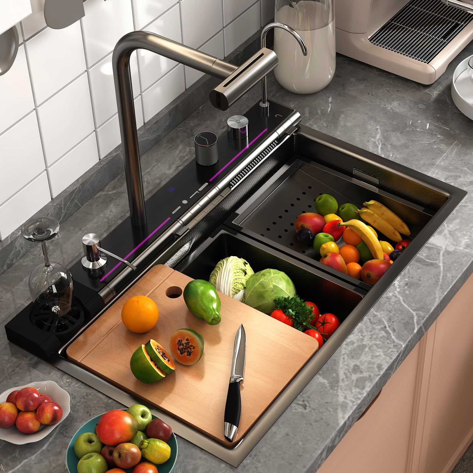 New Design Smart Digital Kitchen Sink Stainless Steel Piano Key Hide Spout Waterfall Faucet Kitchen Sink With Glass Rinser