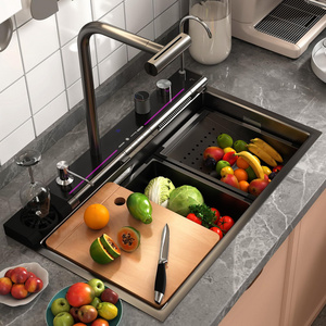 New Design Smart Digital Kitchen Sink Stainless Steel Piano Key Hide Spout Waterfall Faucet Kitchen Sink With Glass Rinser