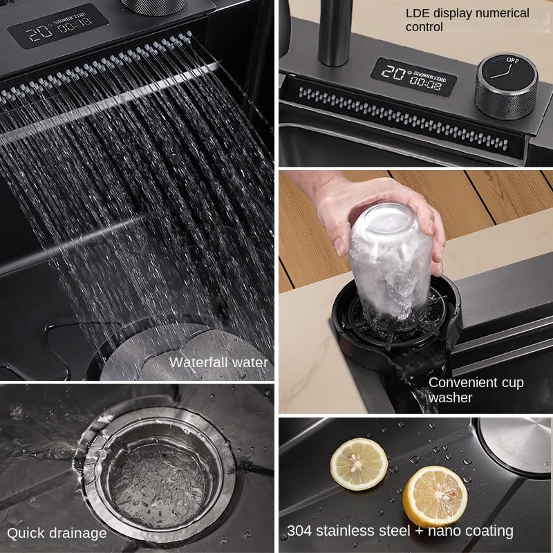 304 Stainless Steel Kitchen Sink Nano Digital Display Waterfall Sink with Pull-Out Faucet Pressurized Cup Washer