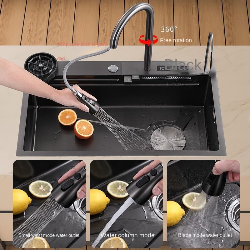 304 Stainless Steel Kitchen Sink Nano Digital Display Waterfall Sink with Pull-Out Faucet Pressurized Cup Washer