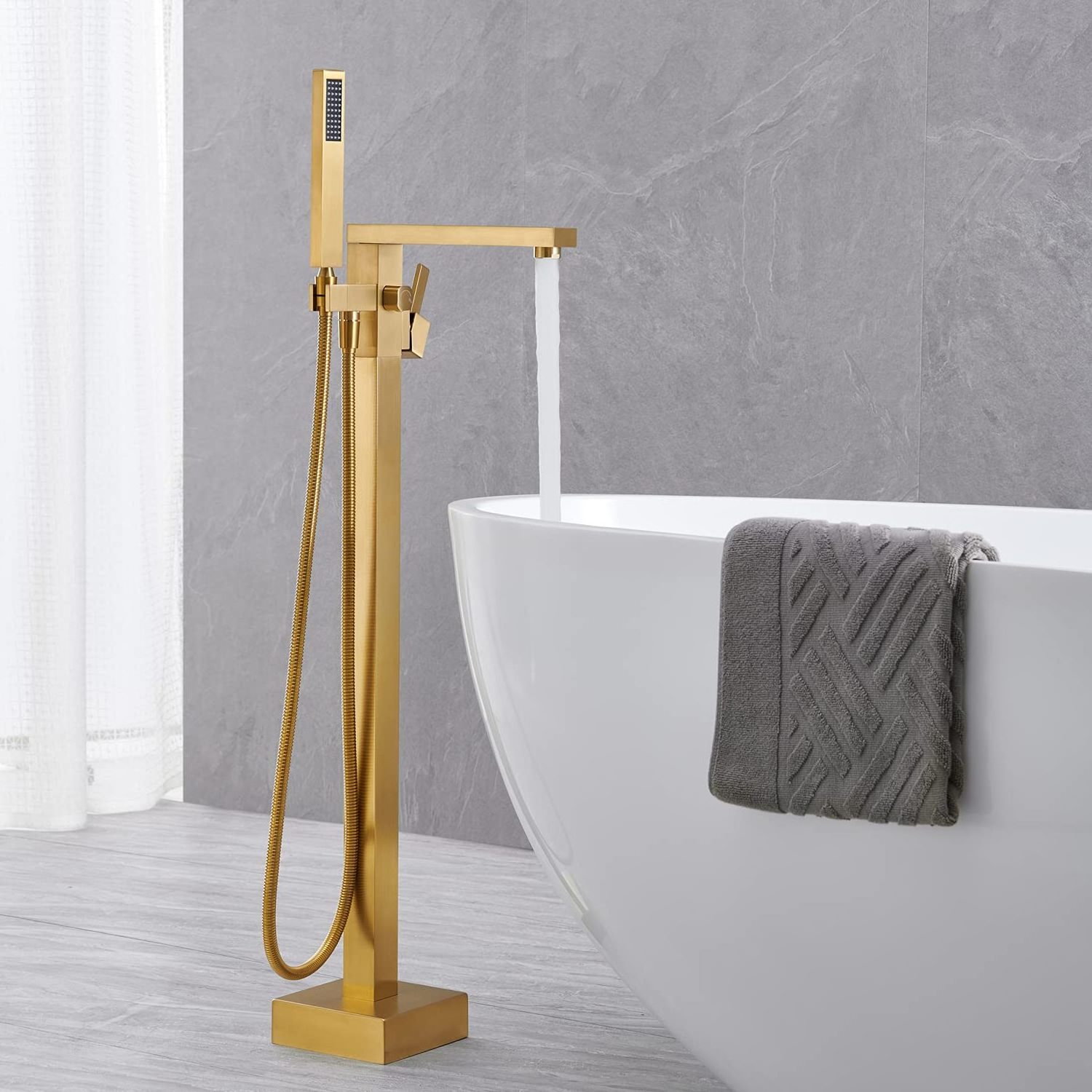 Brushed Gold Freestanding Bathtub Faucet Lead-Free Solid Brass Floor Mounted Single Handle