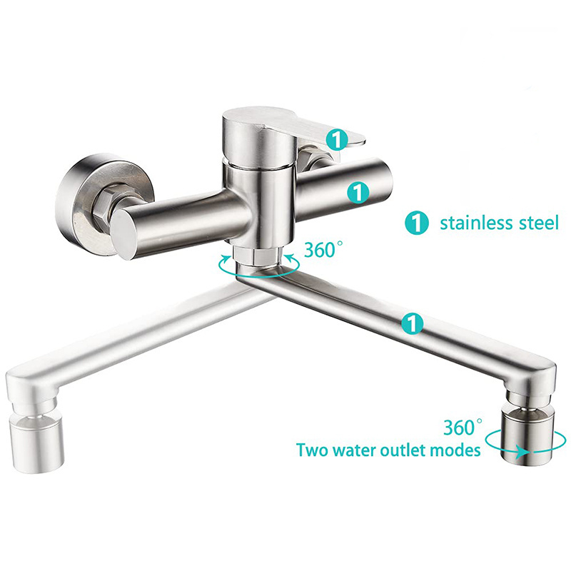 Wall Mounted 2 Hole Kitchen Sink Tap Faucet With 360 bidet swivel spout