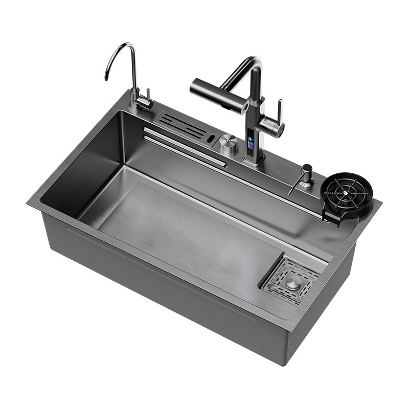 Kitchen Sink Stainless Steel Topmount Sink Large Single Slot Wash Basin With Digital Waterfall faucet