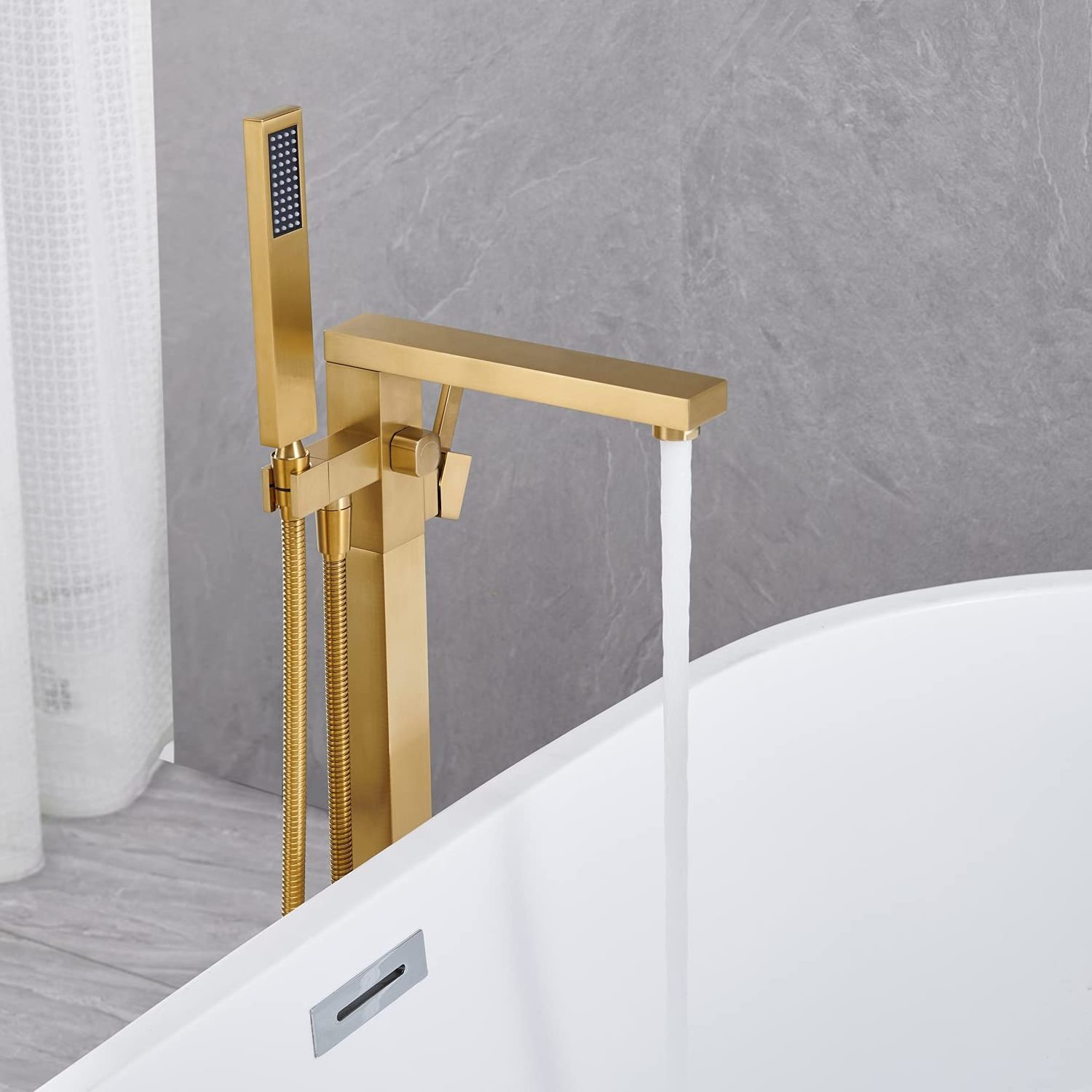 Brushed Gold Freestanding Bathtub Faucet Lead-Free Solid Brass Floor Mounted Single Handle