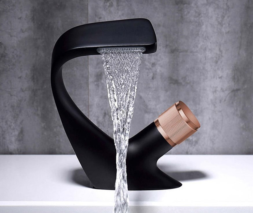 Brass Waterfall Cold and Hot Water Mixer Bathroom Sink Mixer Faucets Waterfall Black Basin Tap