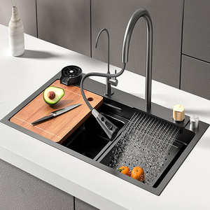 China Luxury SUS304 Stainless Steel Farmhouse Kitchen Sink Modern Waterfall Single Bowl Kitchen Sink Set Black