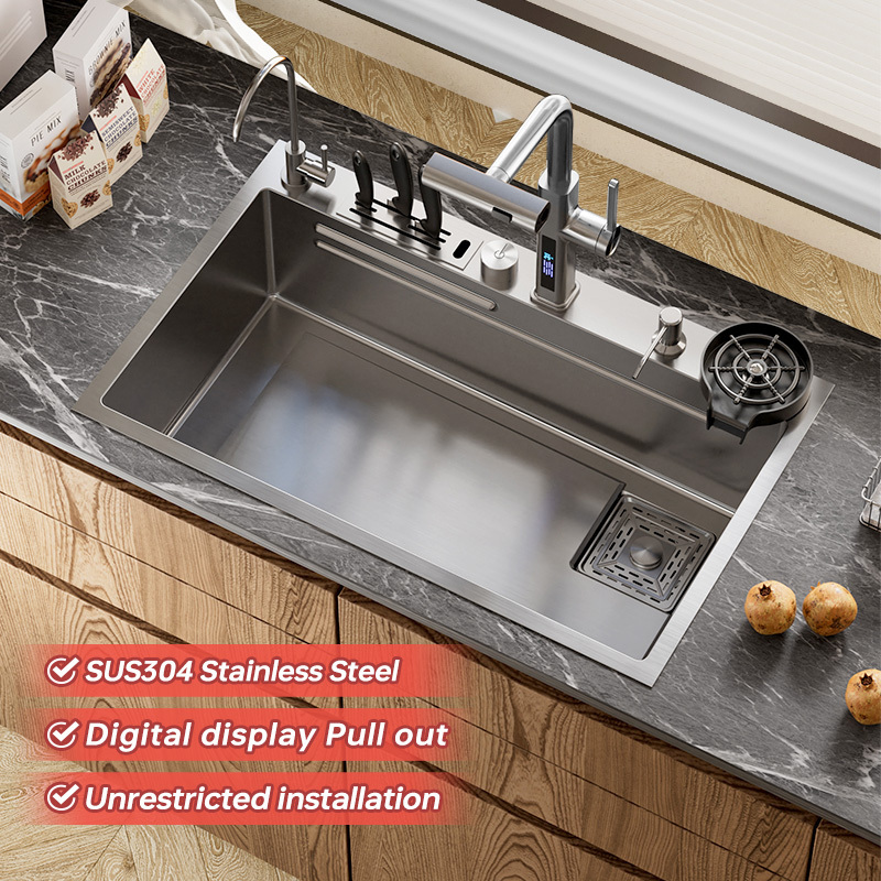 Kitchen Sink Stainless Steel Topmount Sink Large Single Slot Wash Basin With Digital Waterfall faucet