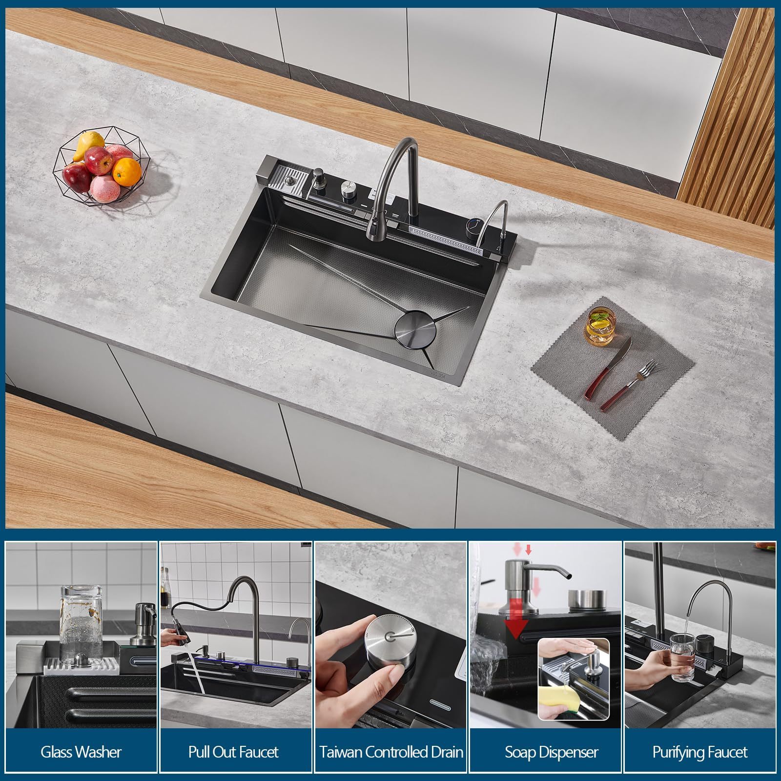 Popular Stainless Steel Kitchen Sink With Accessories Tabletop Waterfall Rainfall Faucet Quartz Composite Granite Sink