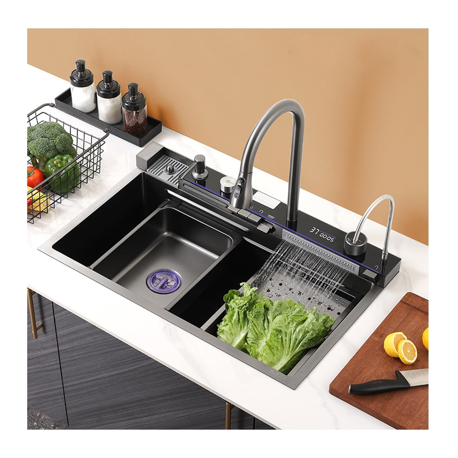 Popular Stainless Steel Kitchen Sink With Accessories Tabletop Waterfall Rainfall Faucet Quartz Composite Granite Sink