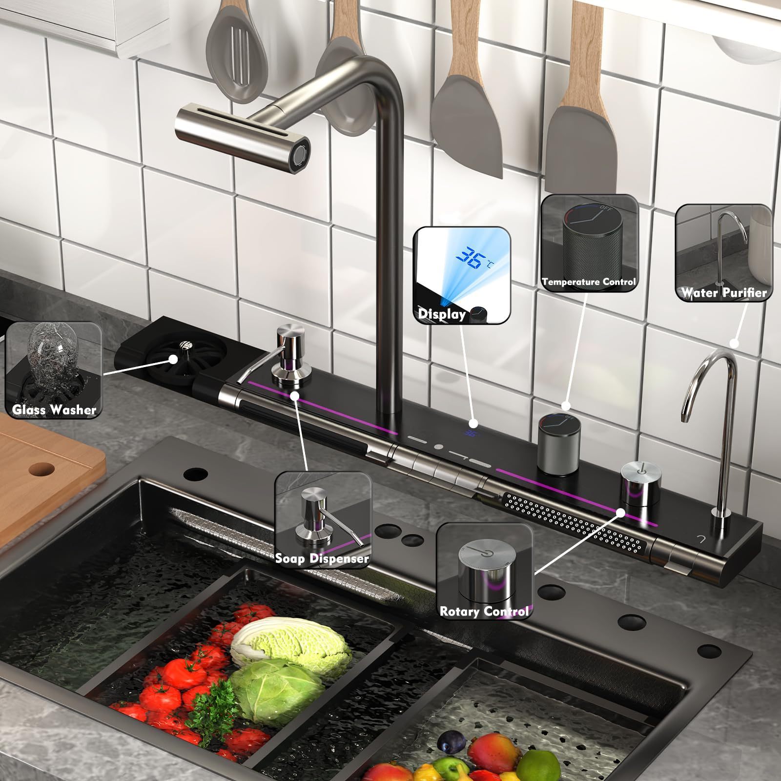 New Design Smart Digital Kitchen Sink Stainless Steel Piano Key Hide Spout Waterfall Faucet Kitchen Sink With Glass Rinser