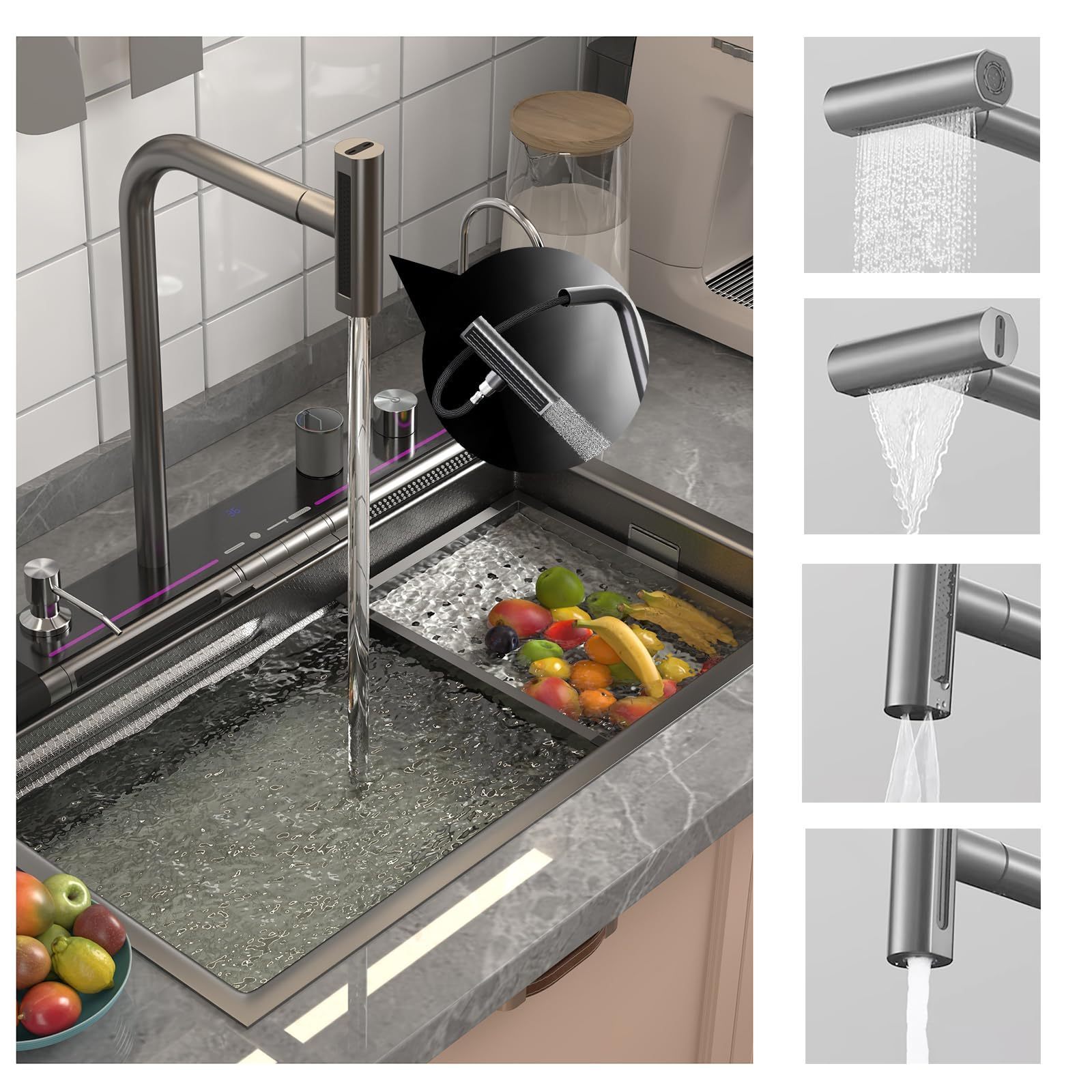 New Design Smart Digital Kitchen Sink Stainless Steel Piano Key Hide Spout Waterfall Faucet Kitchen Sink With Glass Rinser