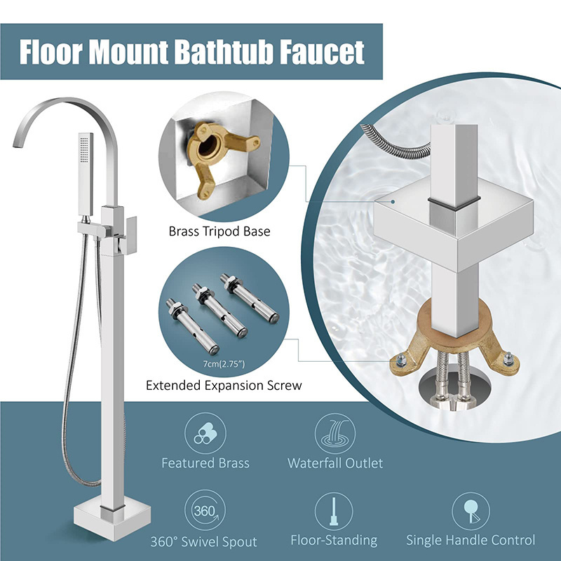 Baidi Simple Chrome floor mounted Free Standing Bath Shower Mixer upc floor stand bathtub faucet