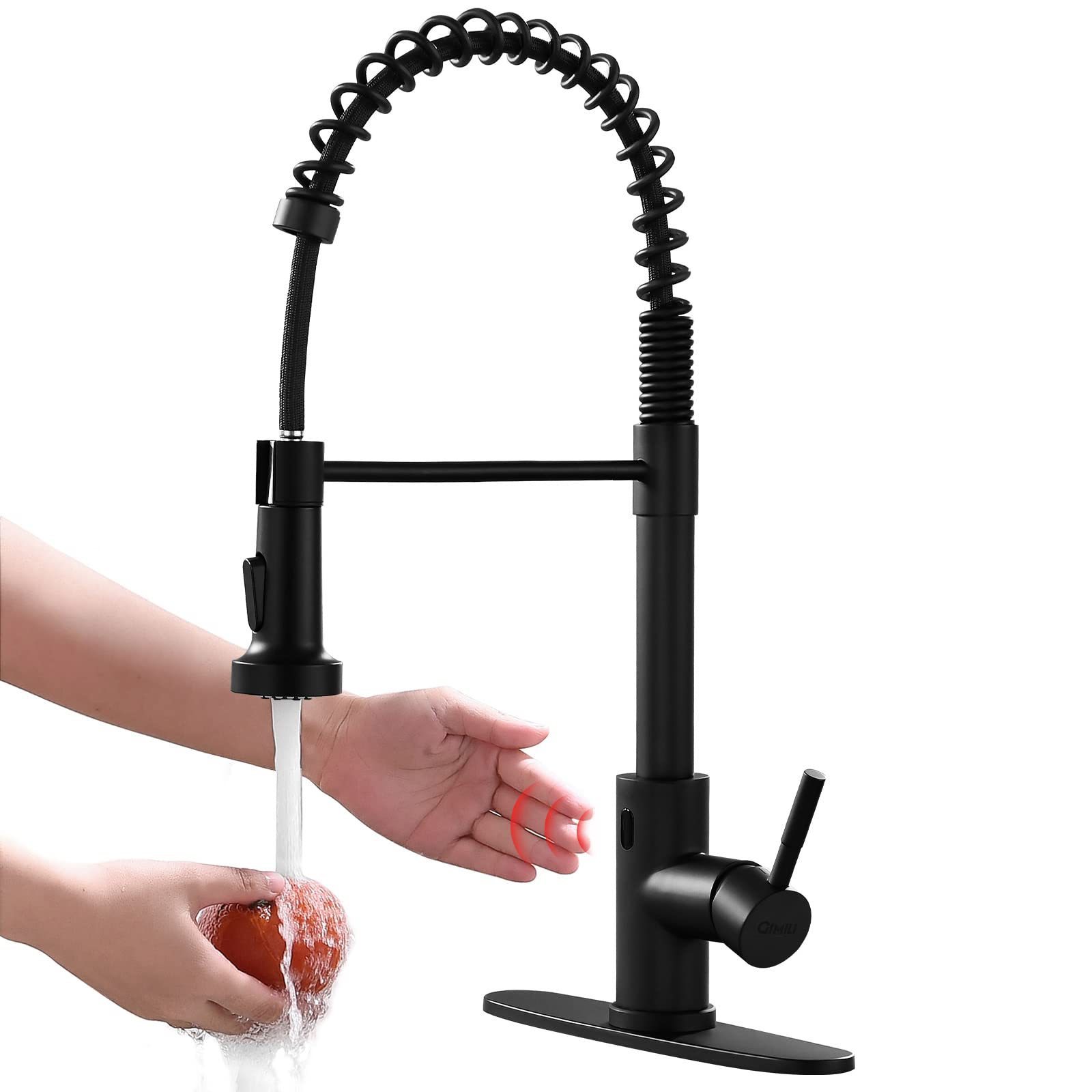 Touchless Kitchen Faucet with Pull Down Sprayer Sensor Smart Hands-Free Spring Matte Black Motion Sensor Kitchen Sink Faucet