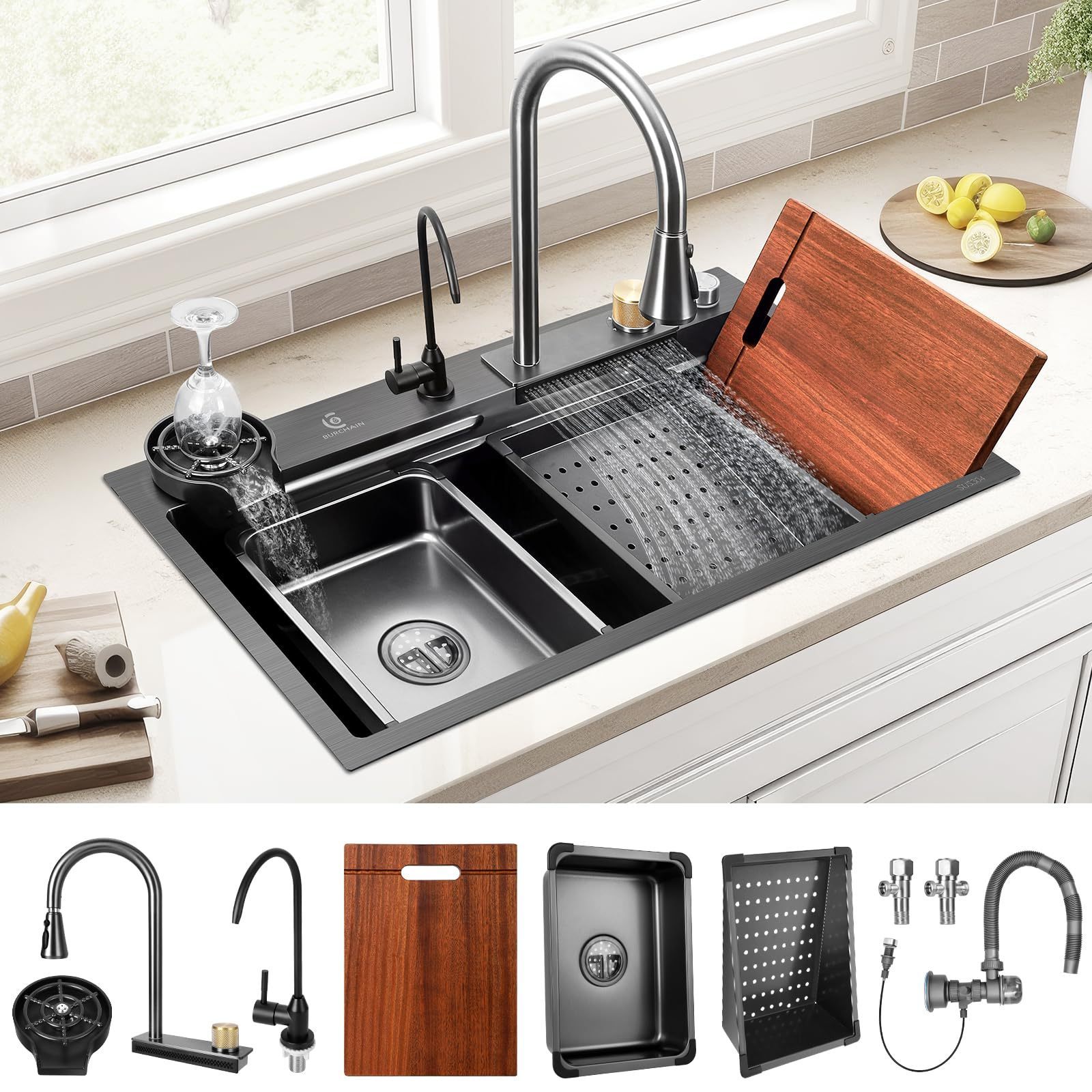 China Luxury SUS304 Stainless Steel Farmhouse Kitchen Sink Modern Waterfall Single Bowl Kitchen Sink Set Black