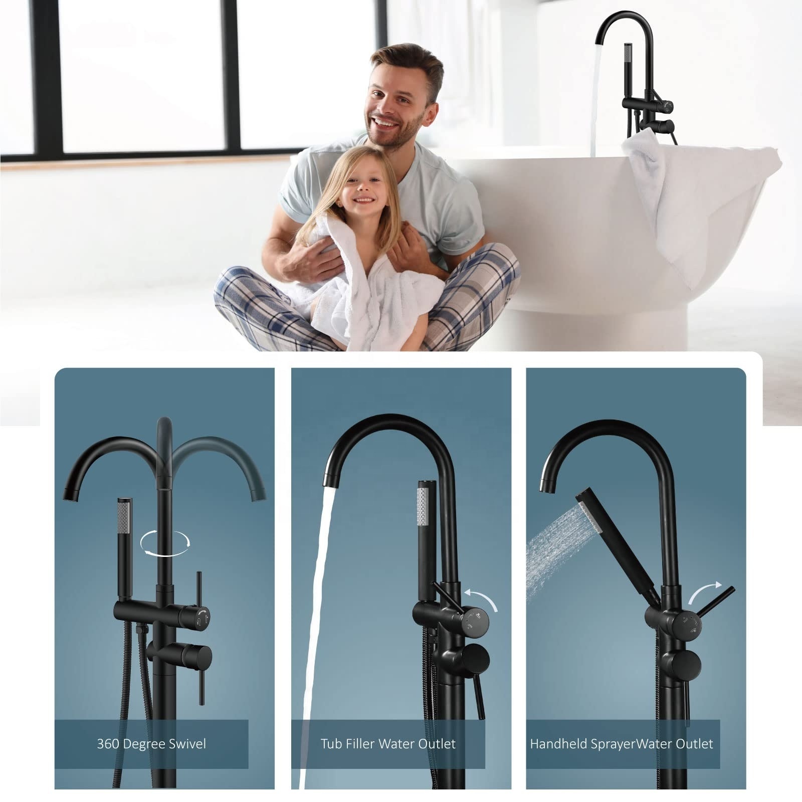 Baidi Floor Mount Brass Rainfall Shower Set Bathtub Faucet with Handheld Shower System UPC