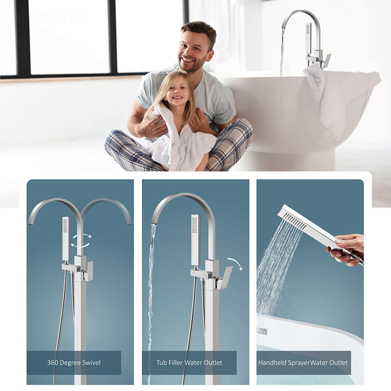 Baidi Simple Chrome floor mounted Free Standing Bath Shower Mixer upc floor stand bathtub faucet