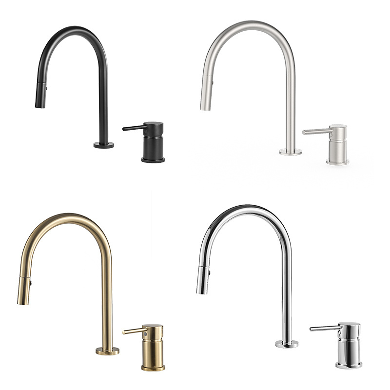 Deck Mounted Pull Out Kitchen Mixer Tap 2 Holes Hot And Cold Water Mixer Sink Tap Modern Pull Out Sprayer Faucet For Bathroom