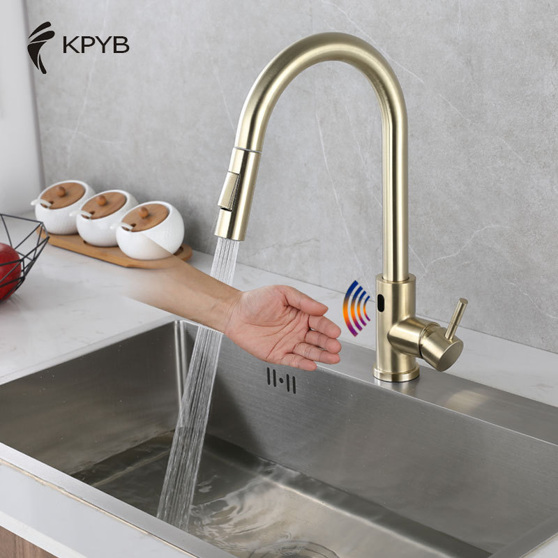 Kaiping YUBIN Gun gray brushed gold white SUS304 stainless steel intelligent infrared induction pull kitchen faucet