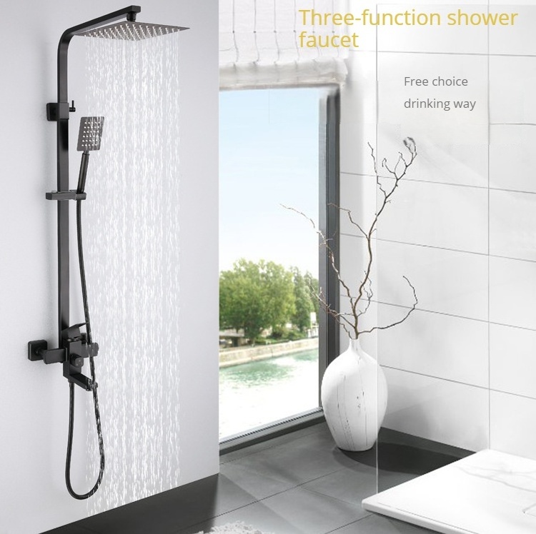 Modern Design Square Black Hot And Cold Exposed Style Bathroom Rain Fall Shower Faucet Set