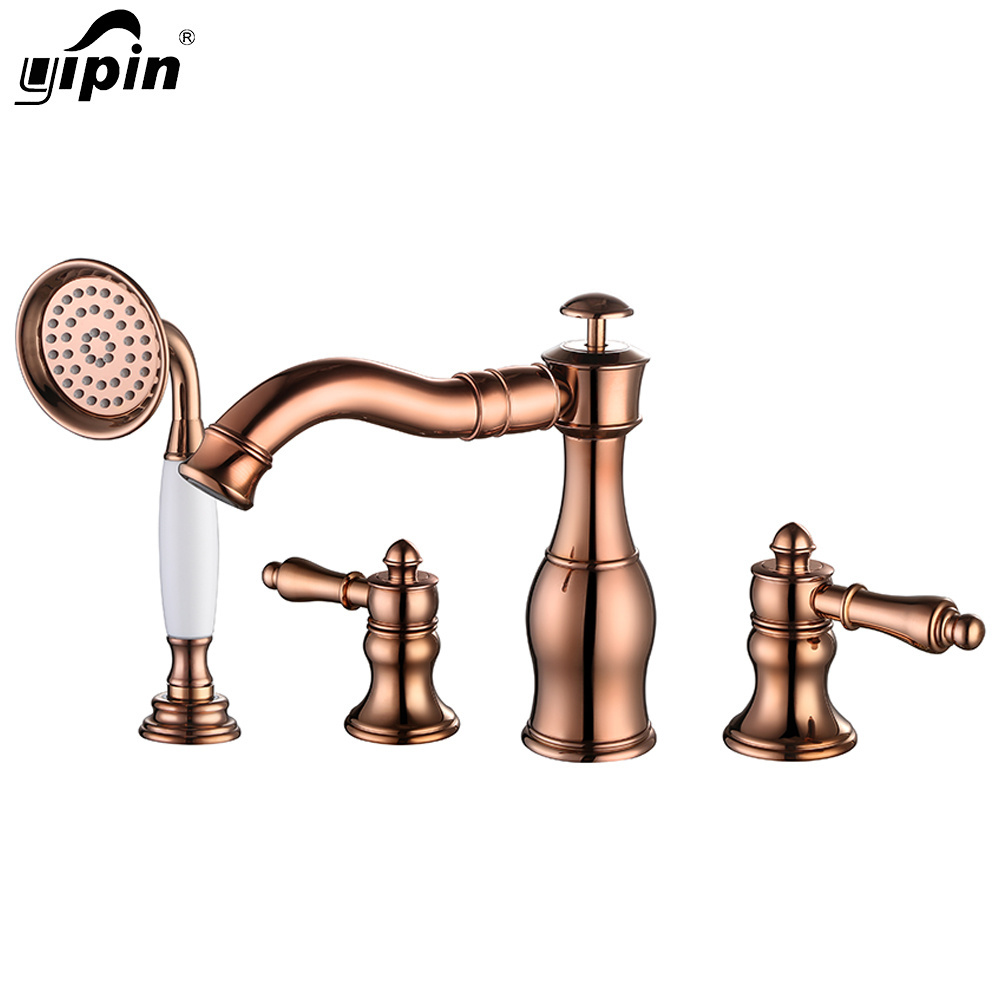 Yipin bathroom European style  Brass Hot Cold faucet   4 Hole gold black Hand Spray Shower Bath Tub Basin Faucet