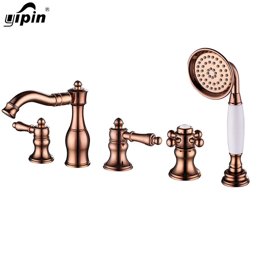 Yipin bathroom European style  Brass Hot Cold faucet   4 Hole gold black Hand Spray Shower Bath Tub Basin Faucet