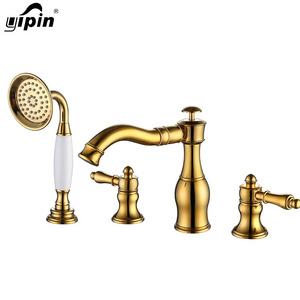 Yipin bathroom European style  Brass Hot Cold faucet   4 Hole gold black Hand Spray Shower Bath Tub Basin Faucet