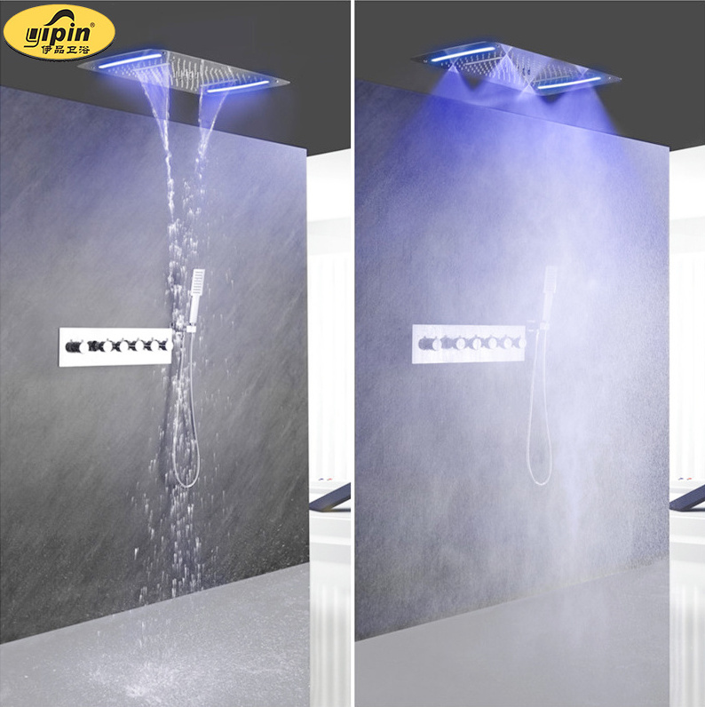 5 in 1 shower faucet with bath spout with LED light Thermostatic Bathroom Wall-mounted luxury LED big rain shower faucet system