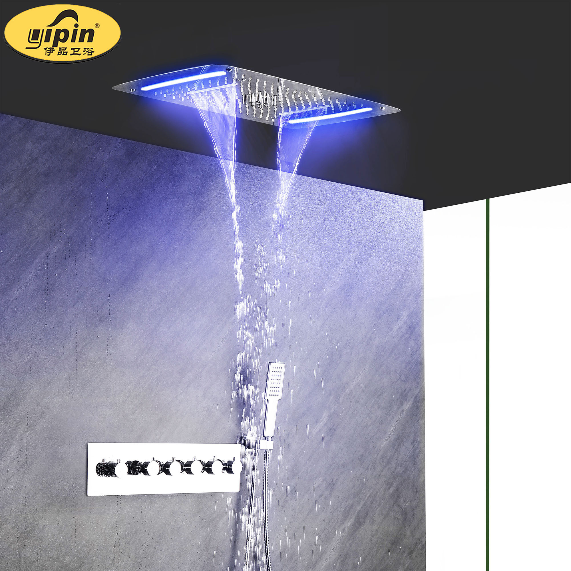 5 in 1 shower faucet with bath spout with LED light Thermostatic Bathroom Wall-mounted luxury LED big rain shower faucet system