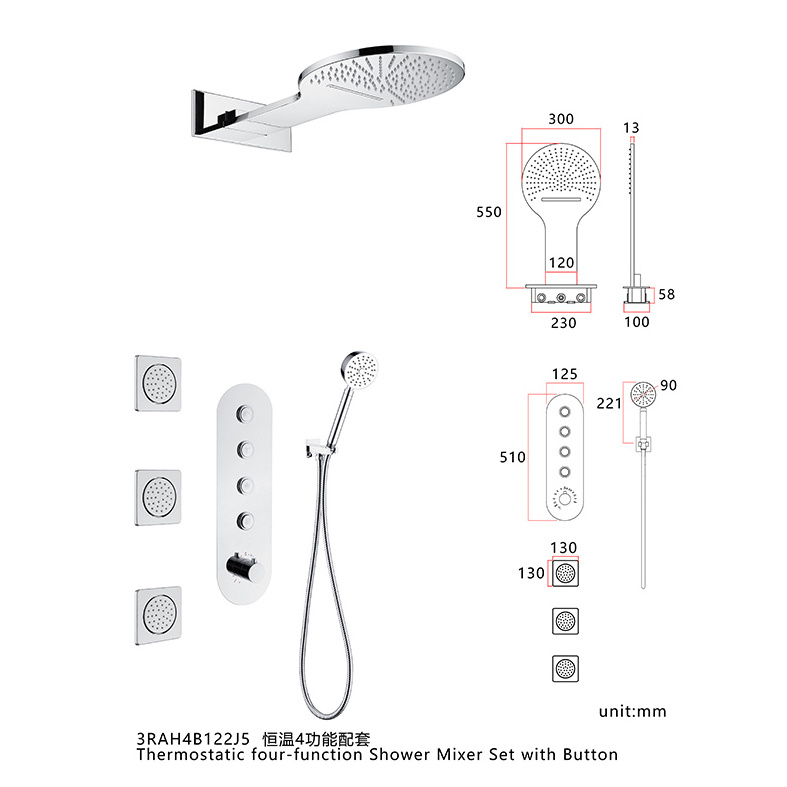 Brass Wall Mounted Rain In Wall Chrome Shower Set Square Shower Faucet Body Jets Thermostatic Shower Set