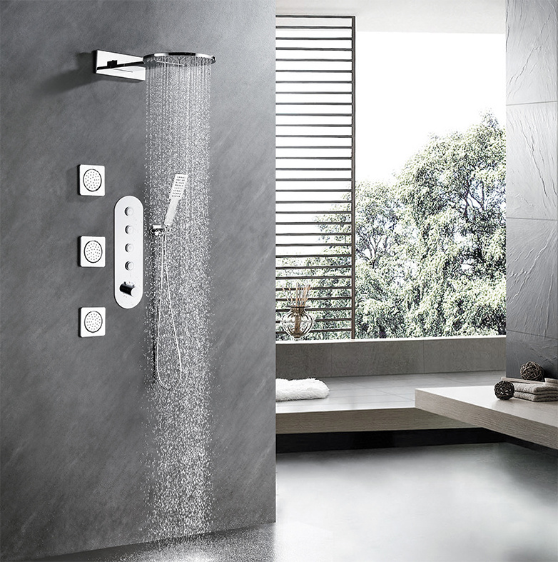 Brass Wall Mounted Rain In Wall Chrome Shower Set Square Shower Faucet Body Jets Thermostatic Shower Set