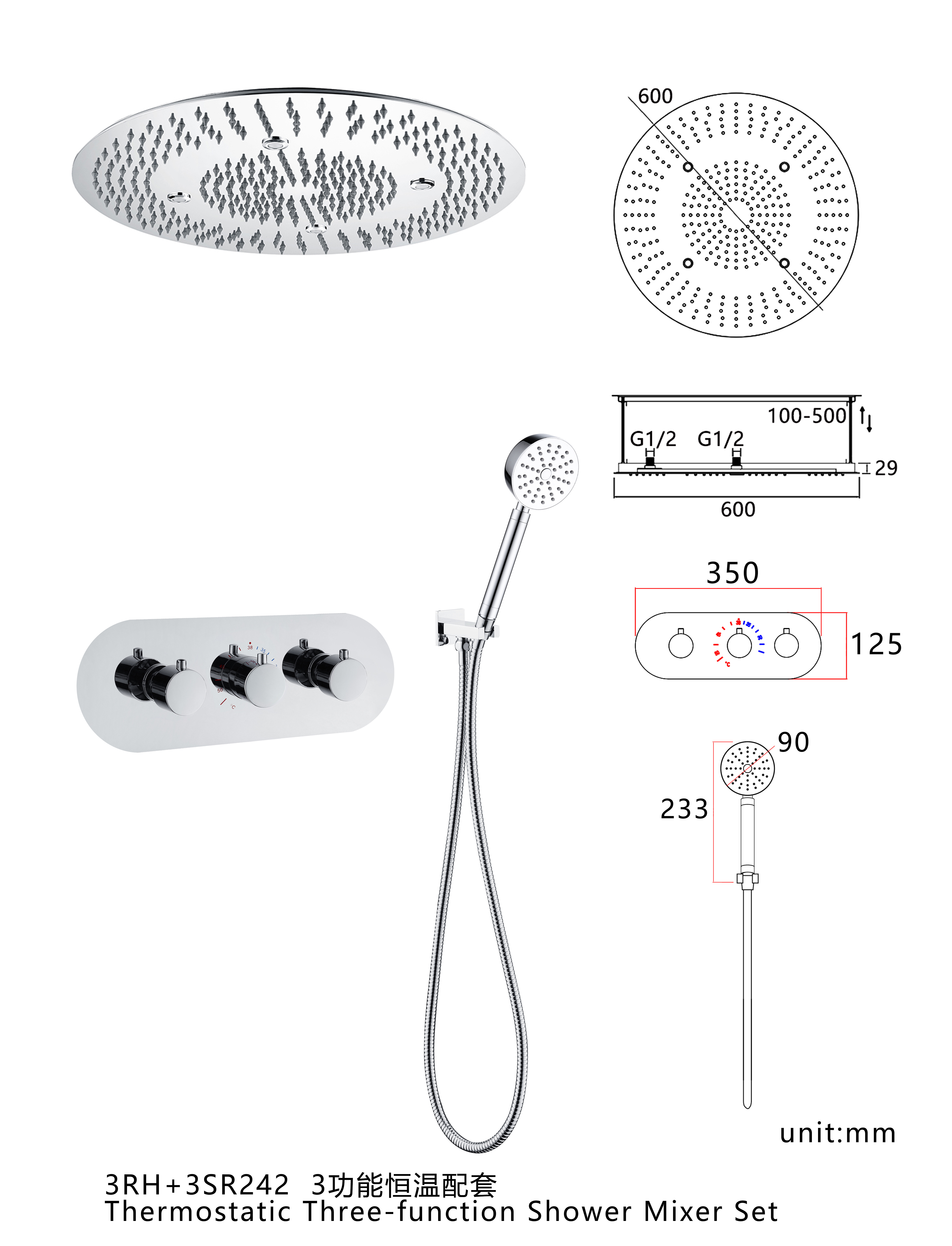 Bathroom Concealed in Wall Thermostatic Rainfall Bubble Shower Faucet Recessed Ceiling Round Shower Head Mixer Contemporary 5242